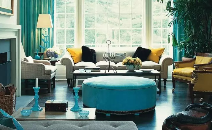 Tyrkysový obývací pokoj (57 fotek): tyrkysová barva interiéru. Hala v tyrkysově hnědých tónech a dalších kombinacích v interiéru 9644_9