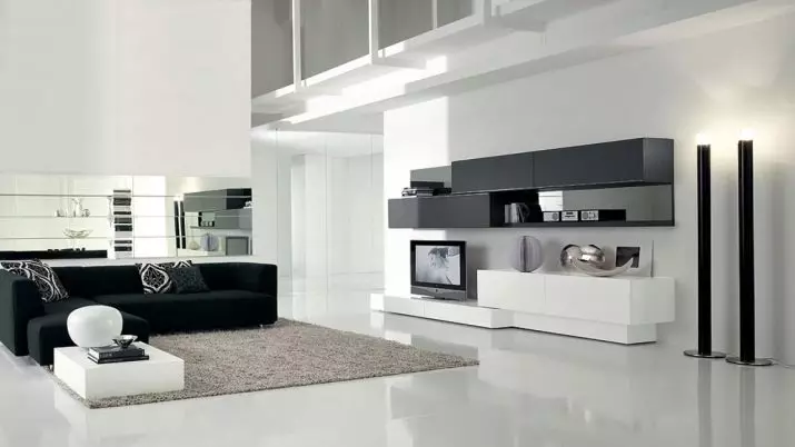 Високотехнологичните дневни (67 снимки): интериорен дизайн опции в черно и бяло, избор на модулни мебели, маси и полилеи 9650_2