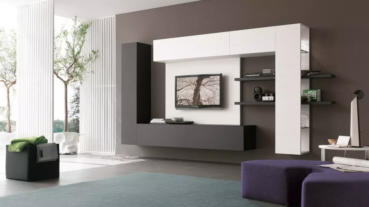 Високотехнологичните дневни (67 снимки): интериорен дизайн опции в черно и бяло, избор на модулни мебели, маси и полилеи 9650_41