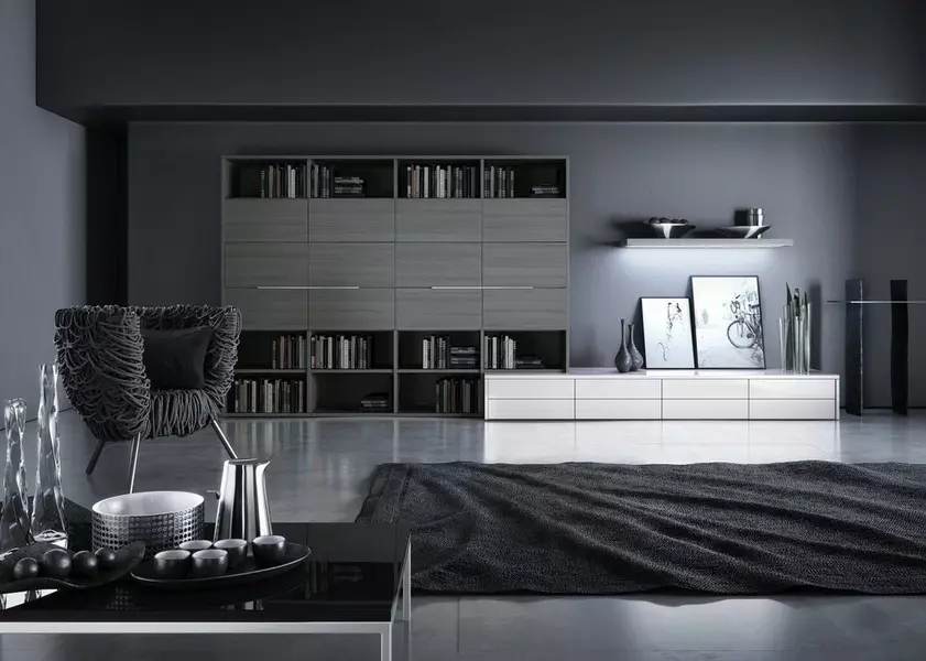 Високотехнологичните дневни (67 снимки): интериорен дизайн опции в черно и бяло, избор на модулни мебели, маси и полилеи 9650_42