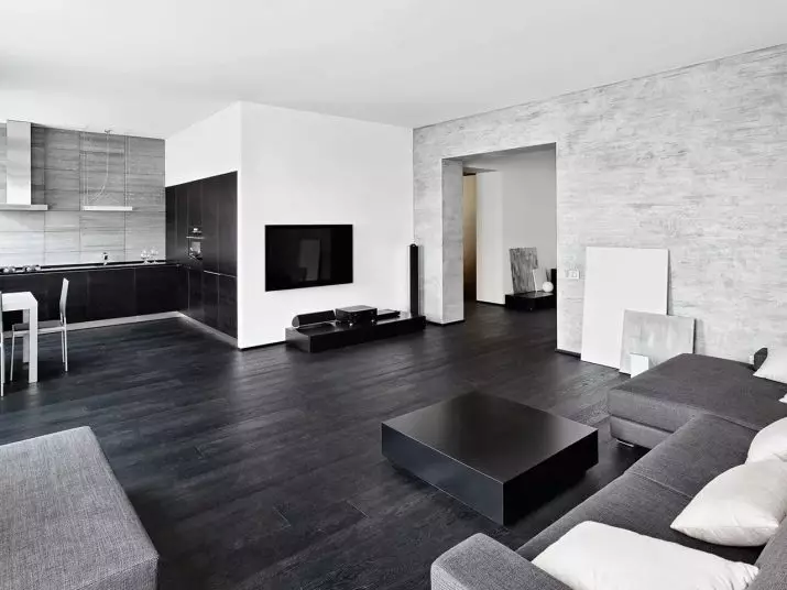 Високотехнологичните дневни (67 снимки): интериорен дизайн опции в черно и бяло, избор на модулни мебели, маси и полилеи 9650_47