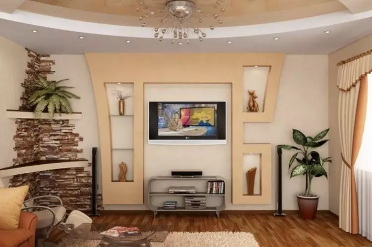 Nínxol de plaques de guix a la sala d'estar (44 fotos): Com organitzar un nínxol a la paret de la sala? Exemples de disseny d'interiors amb nínxol 9652_32