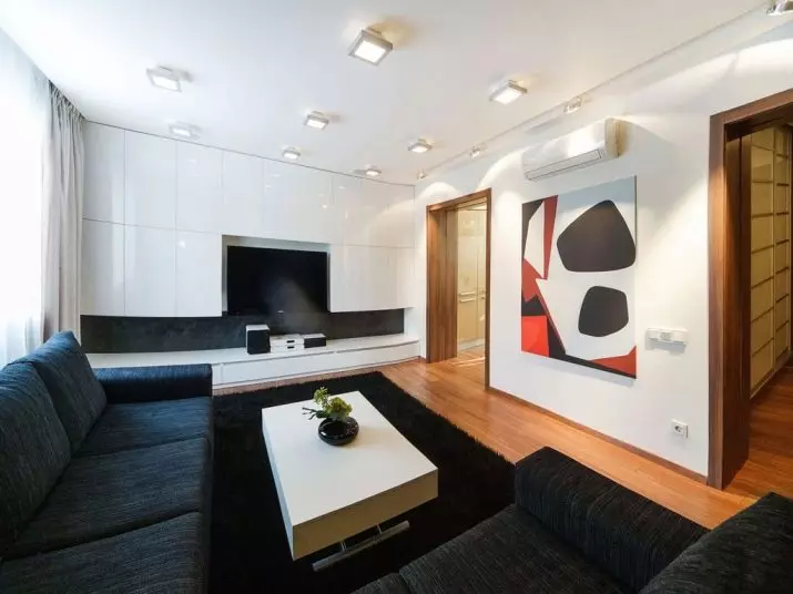Dnevni boravak u stilu minimalizma (88 fotografija): Unutarnja dizajnerska dvorana u redovnom stanu u modernom minimalističkom stilu, dekoracija dnevnog boravka u Hruščekvi 9656_13