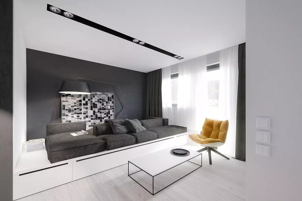 Dnevna soba v stilu minimalizma (88 fotografij): Notranja oblikovalska dvorana v rednem stanovanju v sodobnem minimalističnem slogu, dekoracijo dnevne sobe v Khrushchevka 9656_23