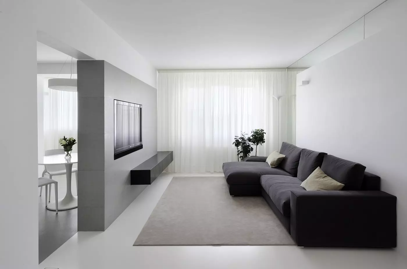 Dnevna soba v stilu minimalizma (88 fotografij): Notranja oblikovalska dvorana v rednem stanovanju v sodobnem minimalističnem slogu, dekoracijo dnevne sobe v Khrushchevka 9656_29