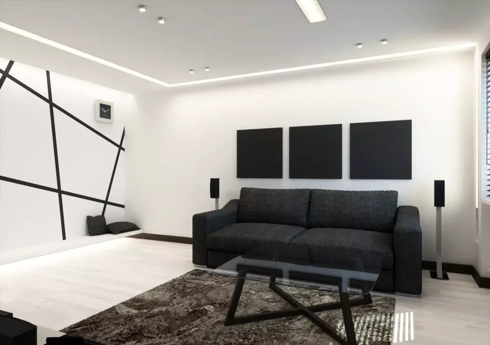 Dnevna soba v stilu minimalizma (88 fotografij): Notranja oblikovalska dvorana v rednem stanovanju v sodobnem minimalističnem slogu, dekoracijo dnevne sobe v Khrushchevka 9656_49