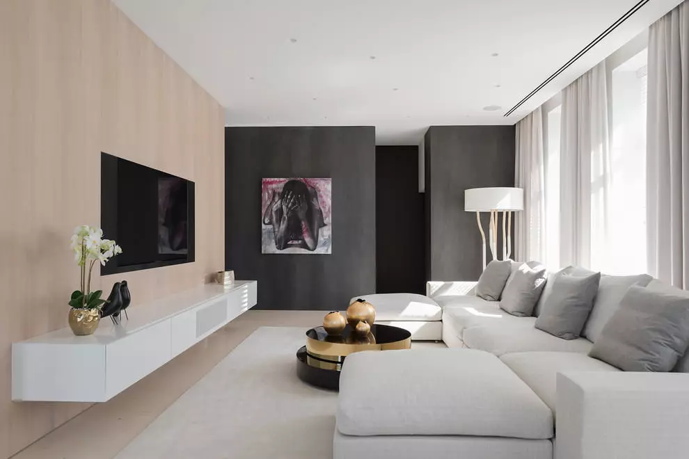 Dnevna soba v stilu minimalizma (88 fotografij): Notranja oblikovalska dvorana v rednem stanovanju v sodobnem minimalističnem slogu, dekoracijo dnevne sobe v Khrushchevka 9656_50