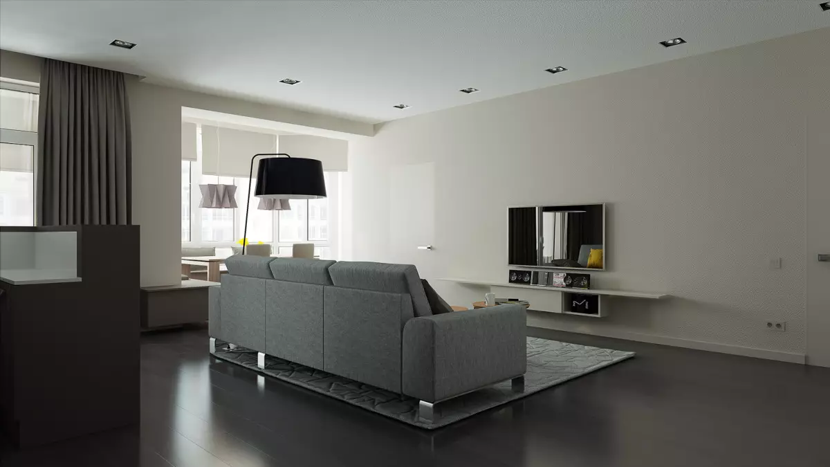 Dnevna soba v stilu minimalizma (88 fotografij): Notranja oblikovalska dvorana v rednem stanovanju v sodobnem minimalističnem slogu, dekoracijo dnevne sobe v Khrushchevka 9656_53