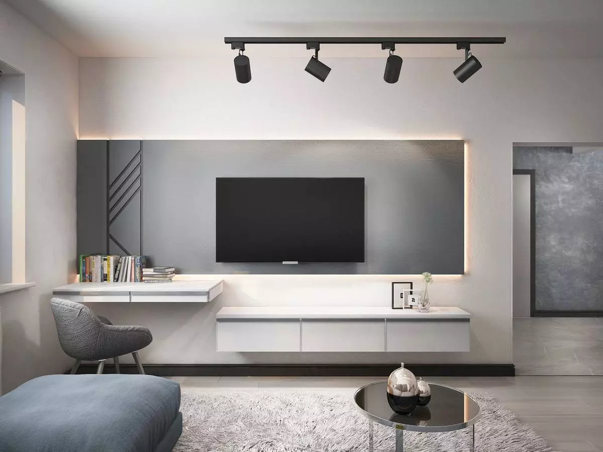 Dnevna soba v stilu minimalizma (88 fotografij): Notranja oblikovalska dvorana v rednem stanovanju v sodobnem minimalističnem slogu, dekoracijo dnevne sobe v Khrushchevka 9656_57
