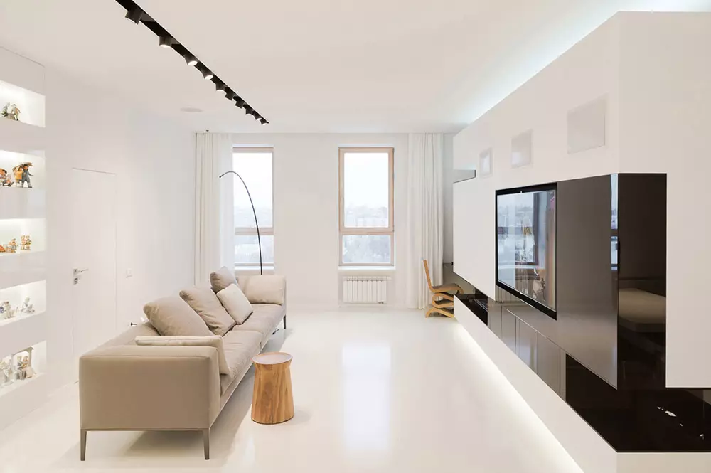 Dnevna soba v stilu minimalizma (88 fotografij): Notranja oblikovalska dvorana v rednem stanovanju v sodobnem minimalističnem slogu, dekoracijo dnevne sobe v Khrushchevka 9656_70