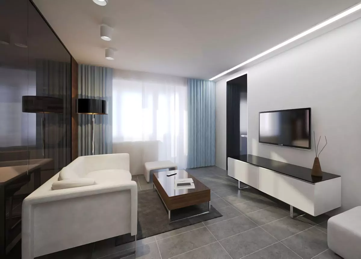 Dnevna soba v stilu minimalizma (88 fotografij): Notranja oblikovalska dvorana v rednem stanovanju v sodobnem minimalističnem slogu, dekoracijo dnevne sobe v Khrushchevka 9656_71