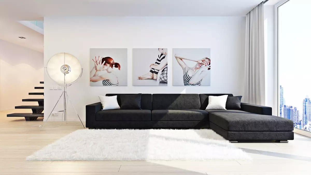 Dnevna soba v stilu minimalizma (88 fotografij): Notranja oblikovalska dvorana v rednem stanovanju v sodobnem minimalističnem slogu, dekoracijo dnevne sobe v Khrushchevka 9656_77