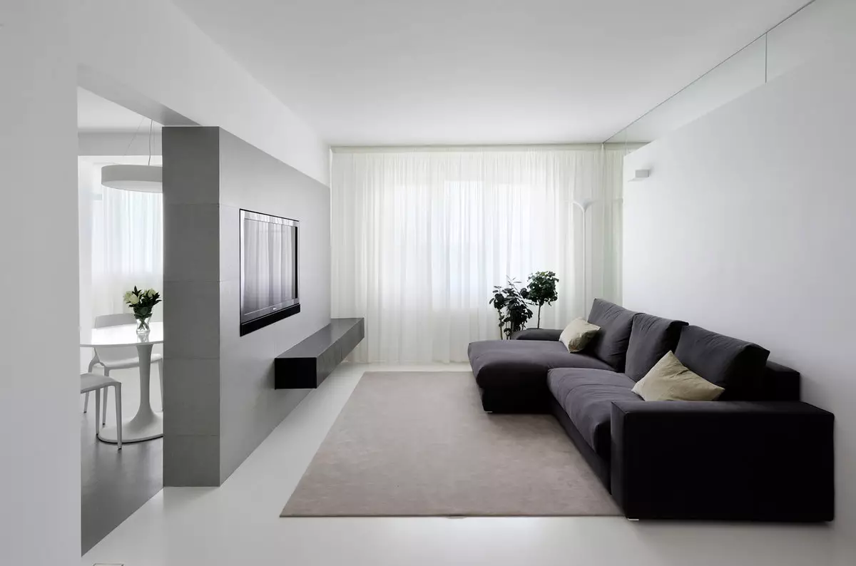 Dnevni boravak u stilu minimalizma (88 fotografija): Unutarnja dizajnerska dvorana u redovnom stanu u modernom minimalističkom stilu, dekoracija dnevnog boravka u Hruščekvi 9656_8
