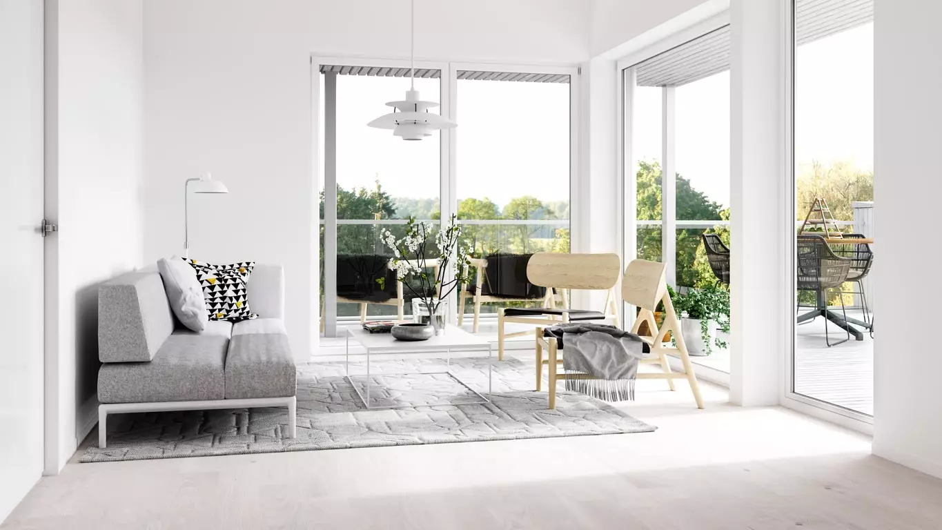 Sala de estar en estilo escandinavo (58 fotos): deseño de interiores do pequeno salón e grandes salas no apartamento e casa de campo, estreitas salas de estar brancas e outras opcións 9658_16