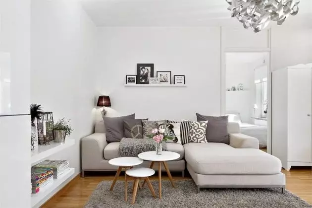 Sala de estar en estilo escandinavo (58 fotos): deseño de interiores do pequeno salón e grandes salas no apartamento e casa de campo, estreitas salas de estar brancas e outras opcións 9658_18
