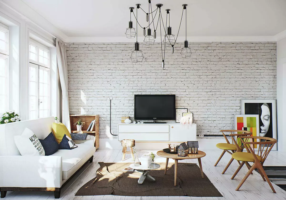 Sala de estar en estilo escandinavo (58 fotos): deseño de interiores do pequeno salón e grandes salas no apartamento e casa de campo, estreitas salas de estar brancas e outras opcións 9658_24
