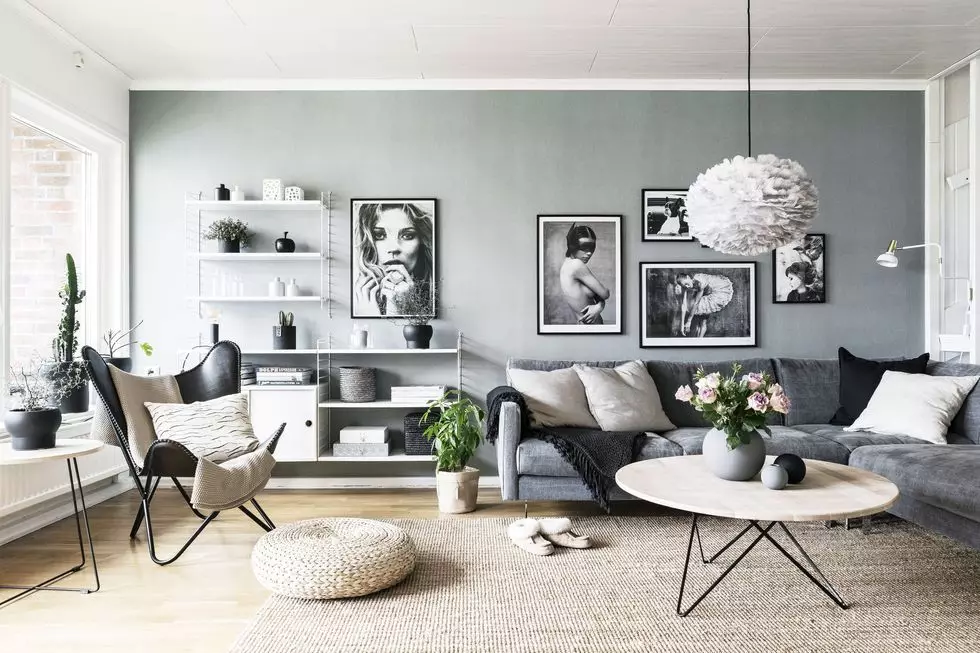Sala de estar en estilo escandinavo (58 fotos): deseño de interiores do pequeno salón e grandes salas no apartamento e casa de campo, estreitas salas de estar brancas e outras opcións 9658_31