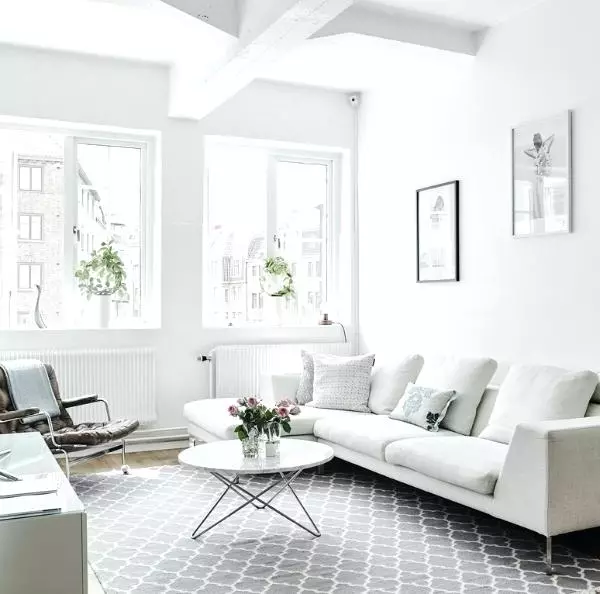 Sala de estar en estilo escandinavo (58 fotos): deseño de interiores do pequeno salón e grandes salas no apartamento e casa de campo, estreitas salas de estar brancas e outras opcións 9658_32