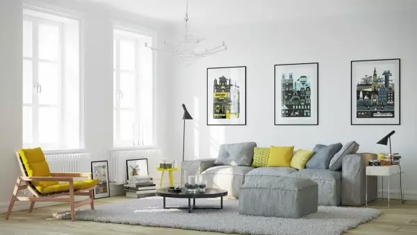 Sala de estar en estilo escandinavo (58 fotos): deseño de interiores do pequeno salón e grandes salas no apartamento e casa de campo, estreitas salas de estar brancas e outras opcións 9658_53