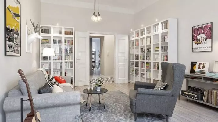 Sala de estar en estilo escandinavo (58 fotos): deseño de interiores do pequeno salón e grandes salas no apartamento e casa de campo, estreitas salas de estar brancas e outras opcións 9658_57