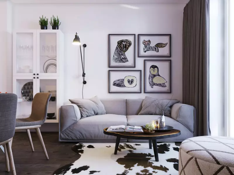 Sala de estar en estilo escandinavo (58 fotos): deseño de interiores do pequeno salón e grandes salas no apartamento e casa de campo, estreitas salas de estar brancas e outras opcións 9658_6