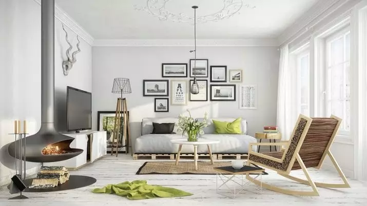 Sala de estar en estilo escandinavo (58 fotos): deseño de interiores do pequeno salón e grandes salas no apartamento e casa de campo, estreitas salas de estar brancas e outras opcións 9658_8