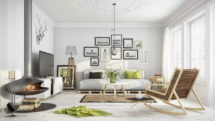 Living Room sa Scandinavian Style (58 Photos): Interior design of the small hall at malalaking kuwarto sa apartment at country house, makitid na puting living room at iba pang mga pagpipilian 9658_8