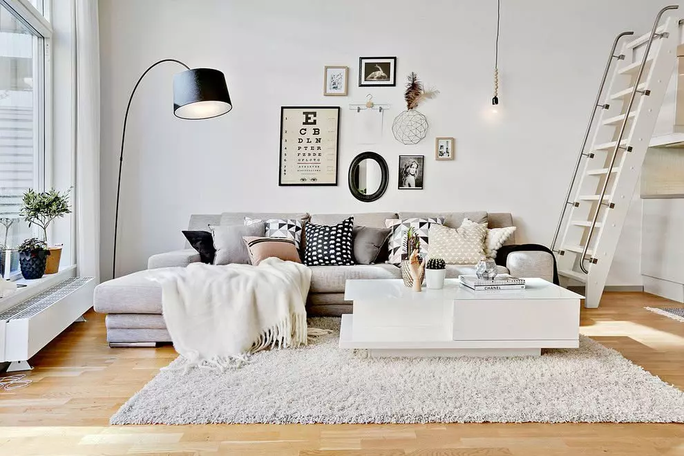 Sala de estar en estilo escandinavo (58 fotos): deseño de interiores do pequeno salón e grandes salas no apartamento e casa de campo, estreitas salas de estar brancas e outras opcións 9658_9
