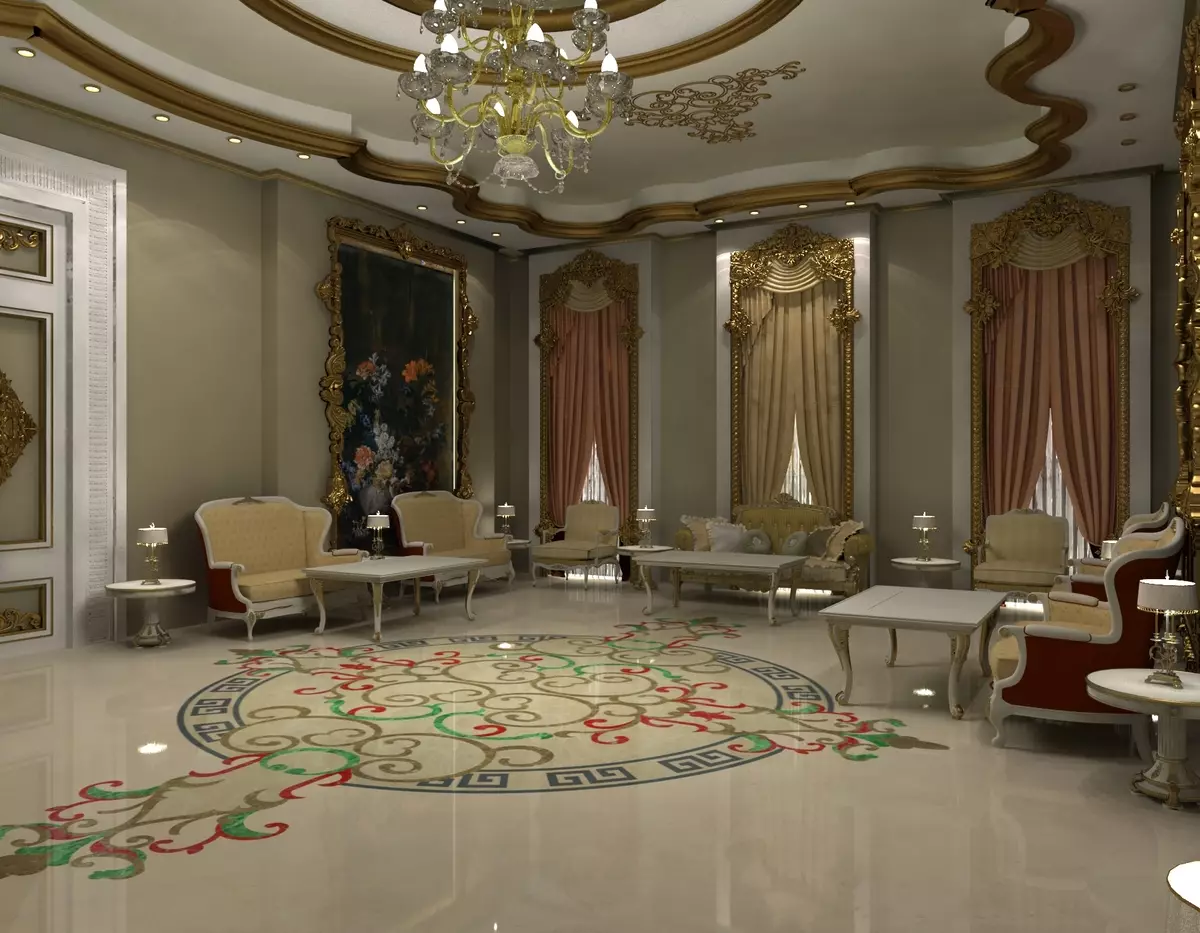 Dhoma të jetesës barok (37 foto): Dizajn i brendshëm i sallave në ngjyra të lehta dhe të errëta, shembuj të dhomave të dekoruara bukur 9663_11