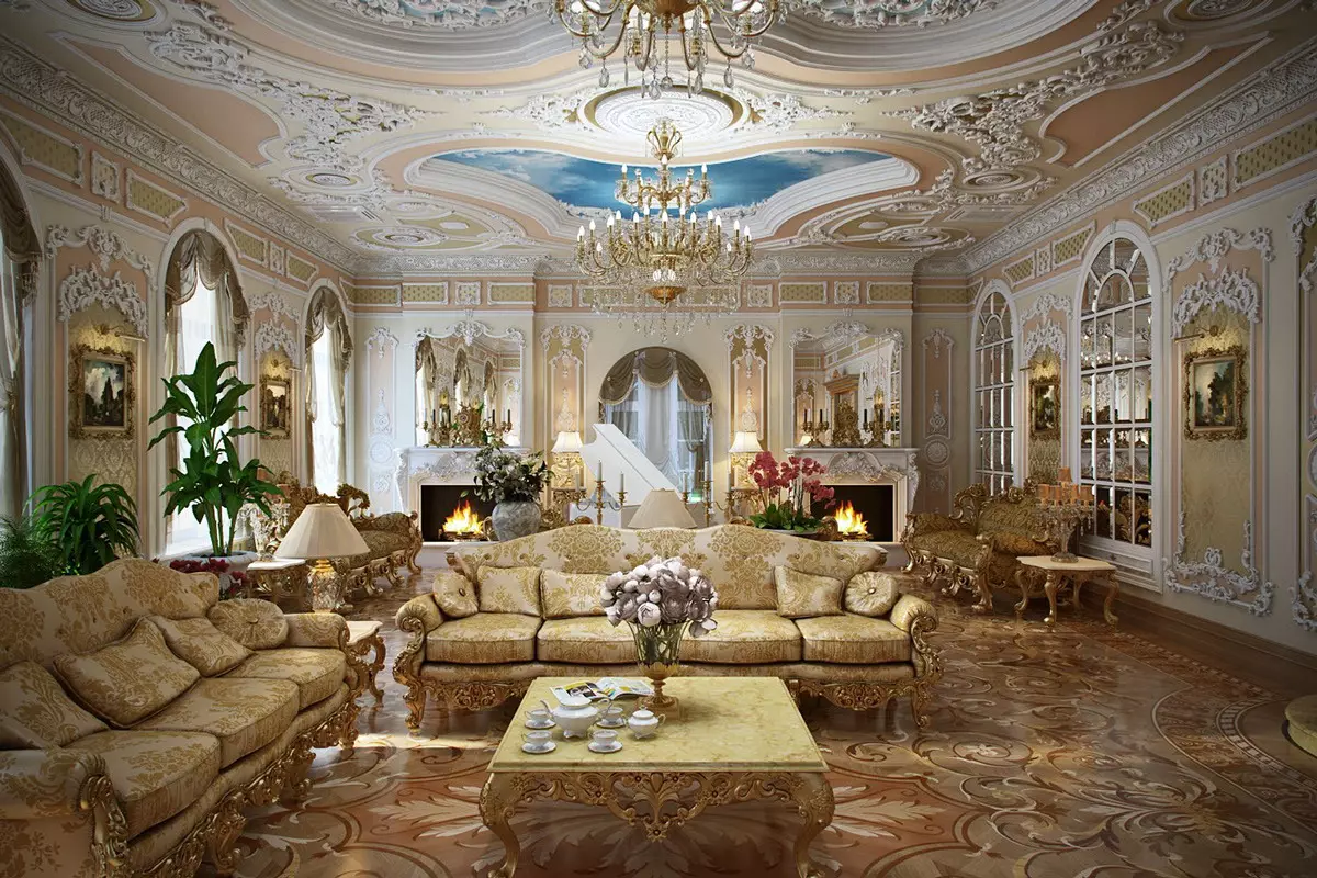 Dhoma të jetesës barok (37 foto): Dizajn i brendshëm i sallave në ngjyra të lehta dhe të errëta, shembuj të dhomave të dekoruara bukur 9663_12
