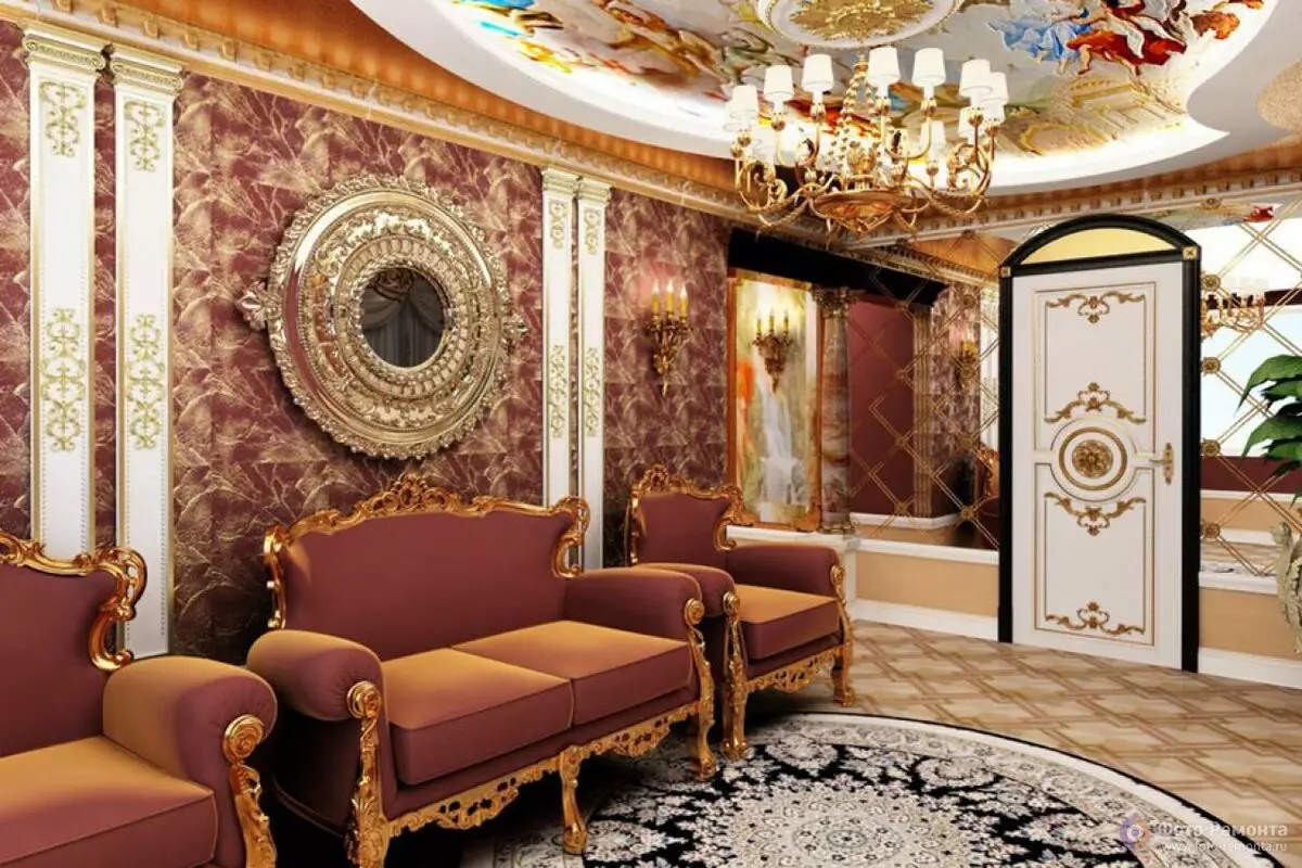 Dhoma të jetesës barok (37 foto): Dizajn i brendshëm i sallave në ngjyra të lehta dhe të errëta, shembuj të dhomave të dekoruara bukur 9663_15