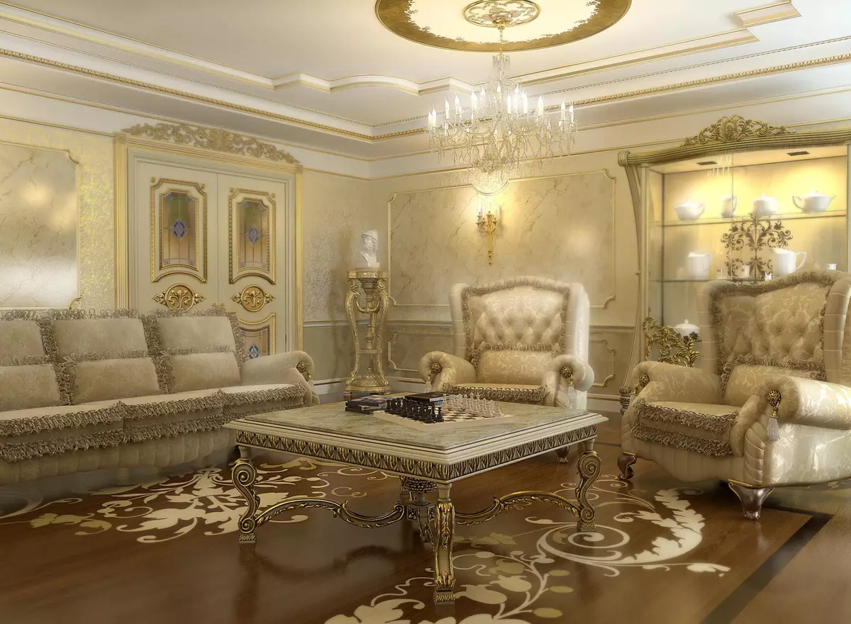 Dhoma të jetesës barok (37 foto): Dizajn i brendshëm i sallave në ngjyra të lehta dhe të errëta, shembuj të dhomave të dekoruara bukur 9663_29