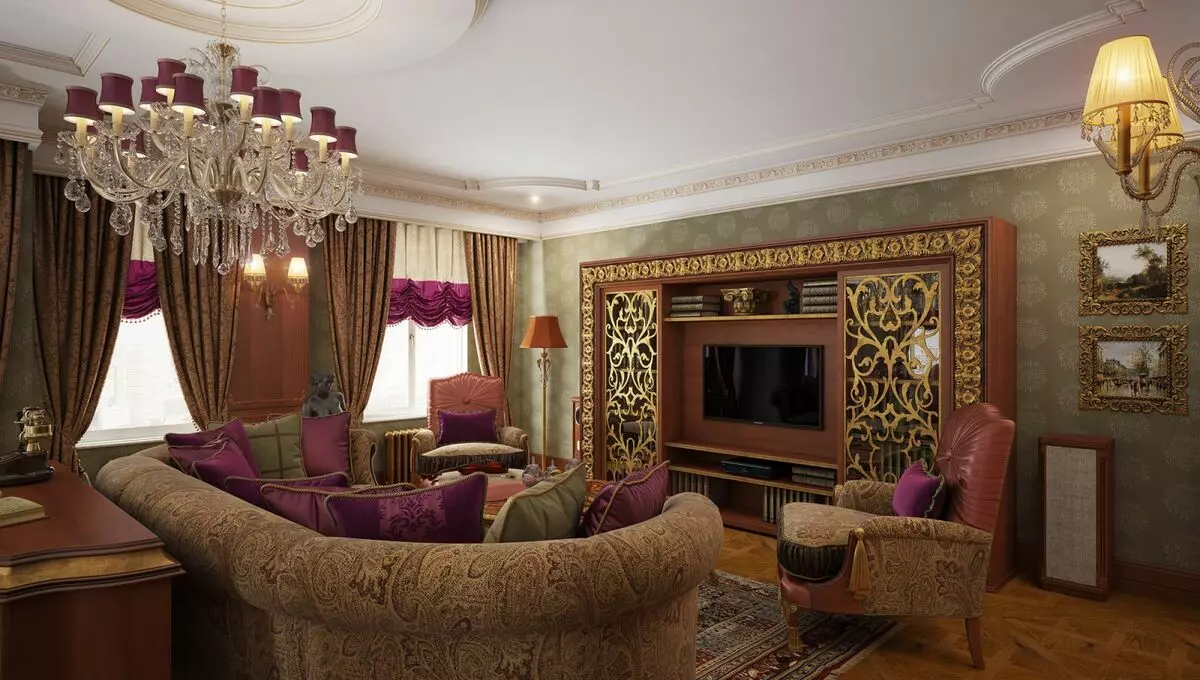 Dhoma të jetesës barok (37 foto): Dizajn i brendshëm i sallave në ngjyra të lehta dhe të errëta, shembuj të dhomave të dekoruara bukur 9663_30
