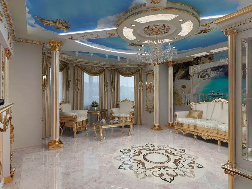 Dhoma të jetesës barok (37 foto): Dizajn i brendshëm i sallave në ngjyra të lehta dhe të errëta, shembuj të dhomave të dekoruara bukur 9663_32