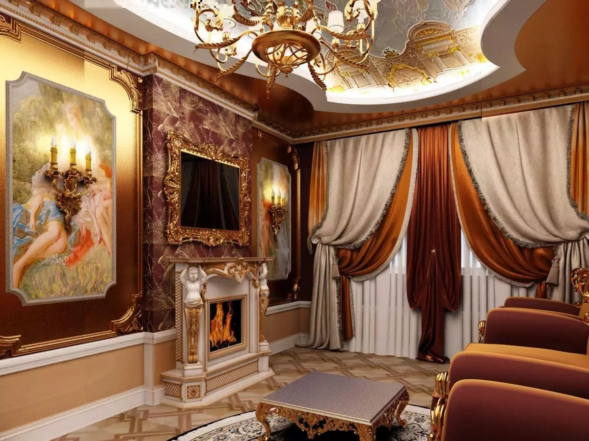 Dhoma të jetesës barok (37 foto): Dizajn i brendshëm i sallave në ngjyra të lehta dhe të errëta, shembuj të dhomave të dekoruara bukur 9663_36