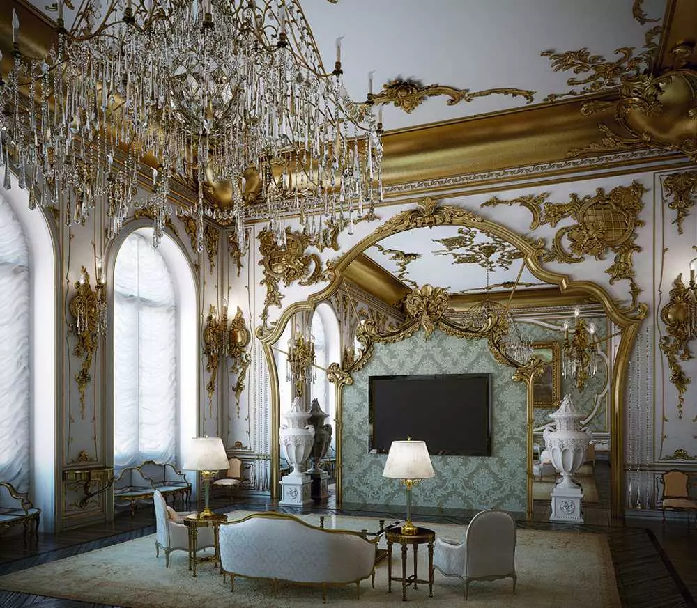 Dhoma të jetesës barok (37 foto): Dizajn i brendshëm i sallave në ngjyra të lehta dhe të errëta, shembuj të dhomave të dekoruara bukur 9663_37