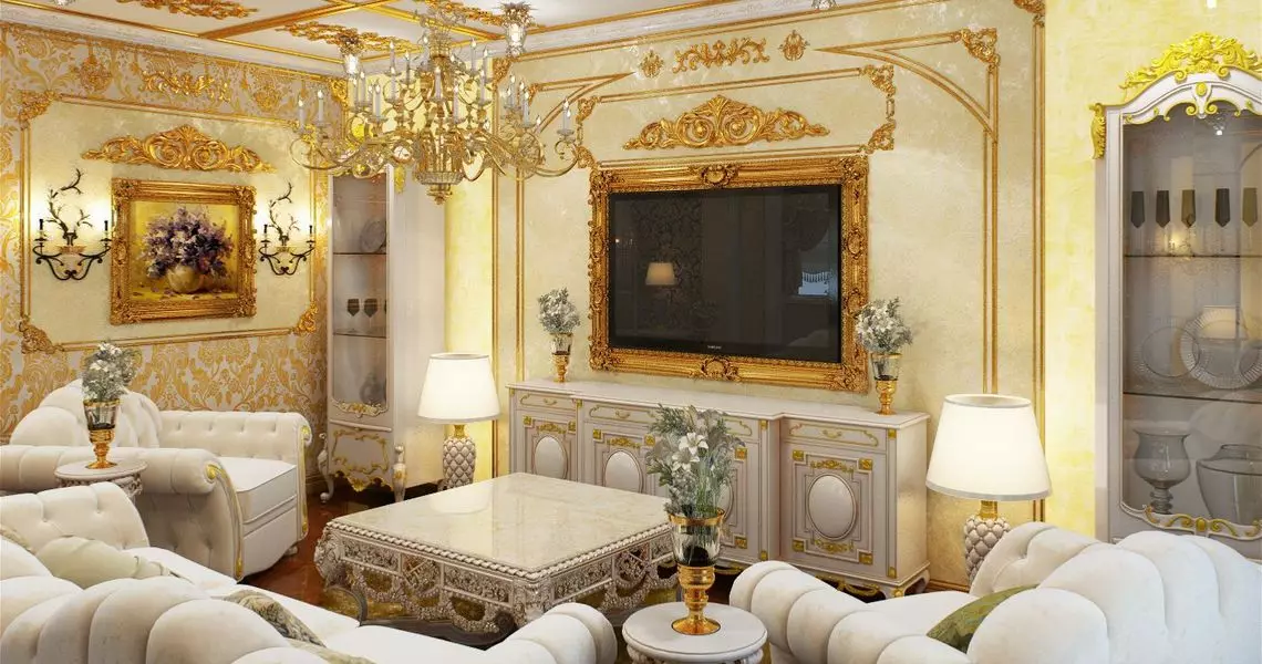 Dhoma të jetesës barok (37 foto): Dizajn i brendshëm i sallave në ngjyra të lehta dhe të errëta, shembuj të dhomave të dekoruara bukur 9663_5