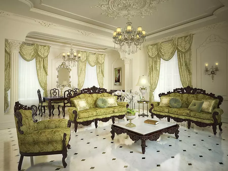 Dhoma të jetesës barok (37 foto): Dizajn i brendshëm i sallave në ngjyra të lehta dhe të errëta, shembuj të dhomave të dekoruara bukur 9663_9