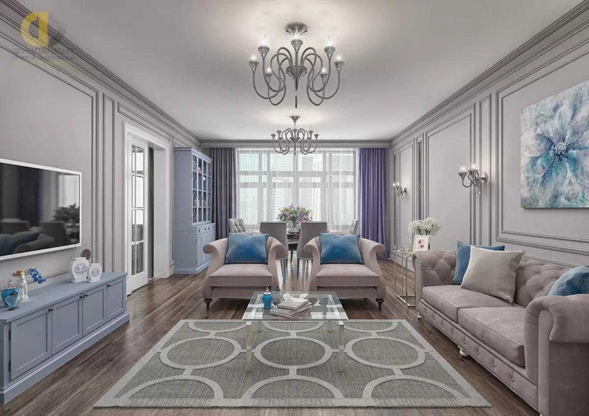 Dzīvojamā istaba neoklasesa stilā (60 fotogrāfijas): interjera dizains gaišajā telpā 15 kvadrātmetri. m neoklasices stilā, krūtīm dzīvojamā istabā 9676_10