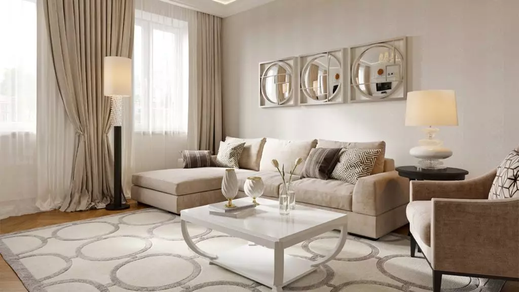 Neoclassic انداز میں رہنے کے کمرے (60 تصاویر): 15 مربع میٹر کے روشن کمرے کے داخلہ ڈیزائن. M نیوکلاسیکل سٹائل میں، رہنے کے کمرے میں سینے کا انتخاب 9676_27
