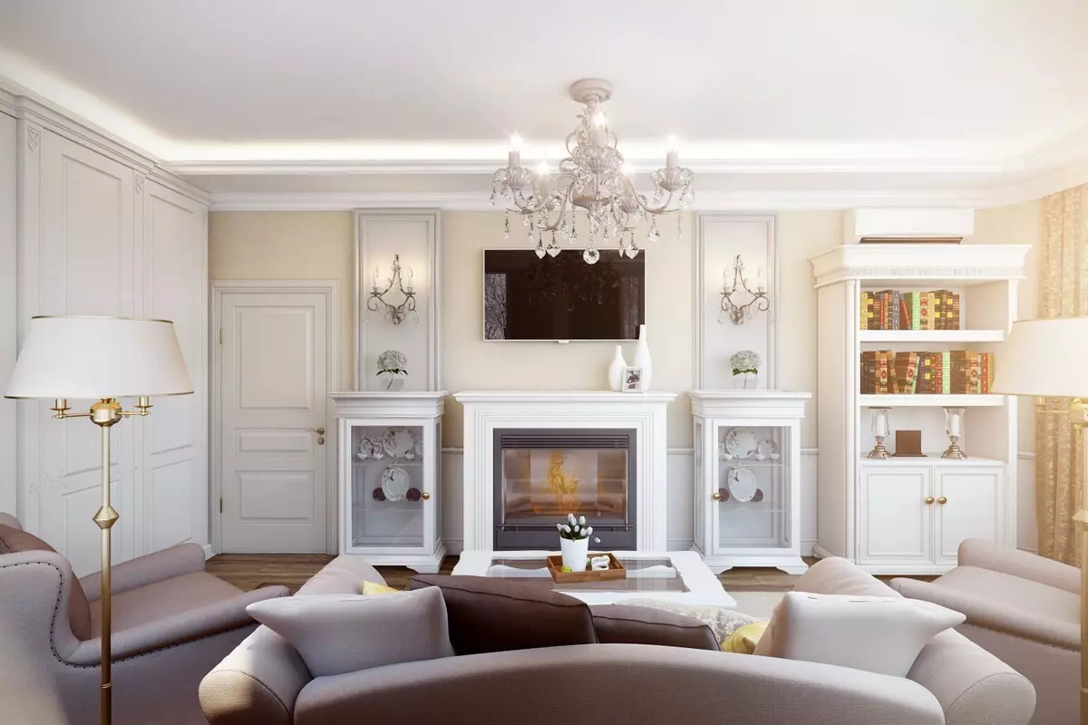 Ruang tamu dengan gaya neoklasik (60 foto): Desain interior ruang terang 15 meter persegi. m dalam gaya neoklasik, pilihan dada di ruang tamu 9676_44