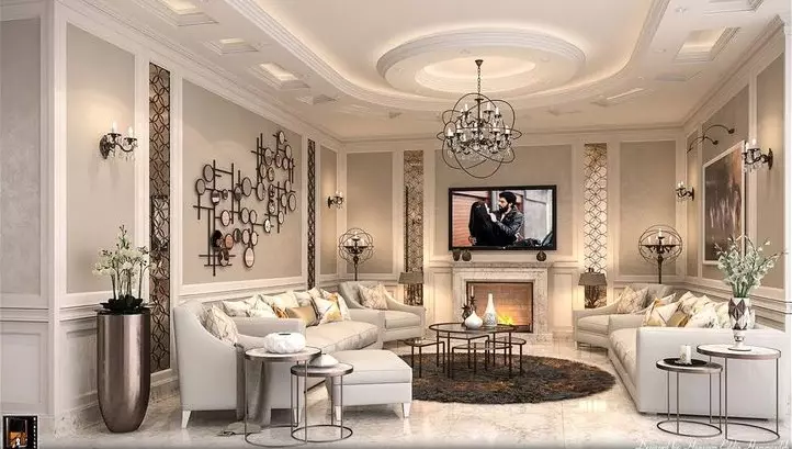 Dzīvojamā istaba neoklasesa stilā (60 fotogrāfijas): interjera dizains gaišajā telpā 15 kvadrātmetri. m neoklasices stilā, krūtīm dzīvojamā istabā 9676_53