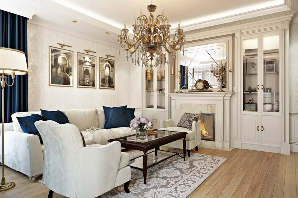 Dzīvojamā istaba neoklasesa stilā (60 fotogrāfijas): interjera dizains gaišajā telpā 15 kvadrātmetri. m neoklasices stilā, krūtīm dzīvojamā istabā 9676_56