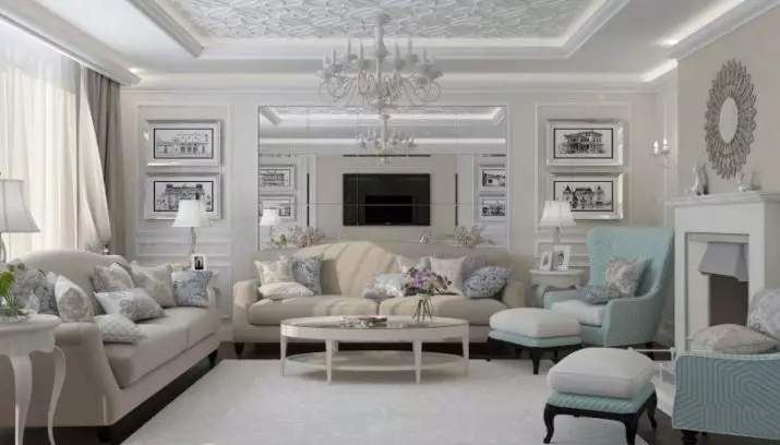 Neoclassic انداز میں رہنے کے کمرے (60 تصاویر): 15 مربع میٹر کے روشن کمرے کے داخلہ ڈیزائن. M نیوکلاسیکل سٹائل میں، رہنے کے کمرے میں سینے کا انتخاب 9676_58