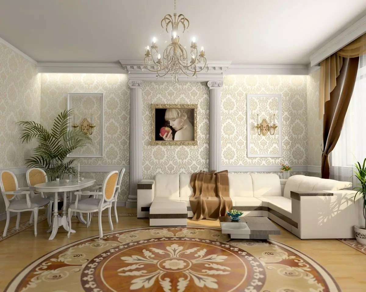 Класична дневна соба (88 фотографии): внатрешен дизајн во стилови современи и американски класици, убави дневни соби во светли бои, избирајќи слики во собата 9681_12