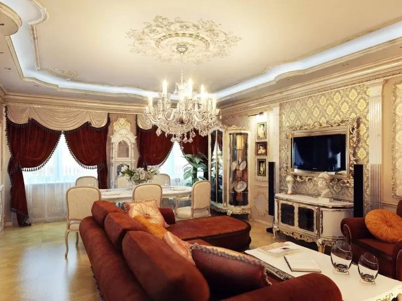 Klassieke woonkamer (88 foto's): Binneontwerp in style Kontemporêre en Amerikaanse klassieke, pragtige woonkamers in helder kleure, die keuse van skilderye in die kamer 9681_13