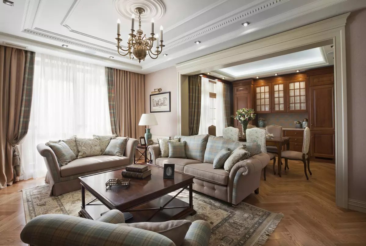 Soggiorno classico (88 foto): interior design in stili classici contemporanei e americani, bellissimi soggiorno in colori vivaci, scegliendo dipinti nella stanza 9681_15