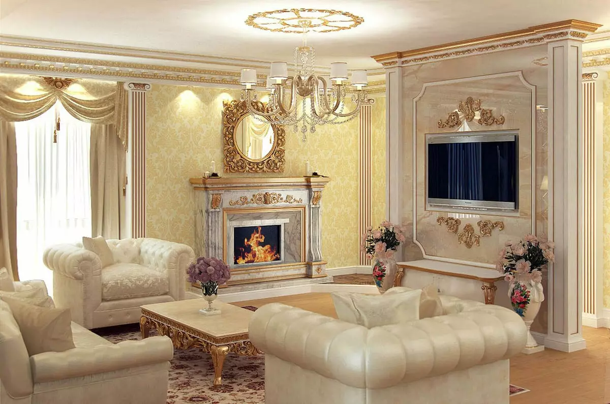 Ruang Living klasik (88 Foto): Desain interior ing gaya kontemporer lan kelas Amerika, kamar urip sing apik ing warna sing cerah, milih lukisan ing ruangan 9681_2