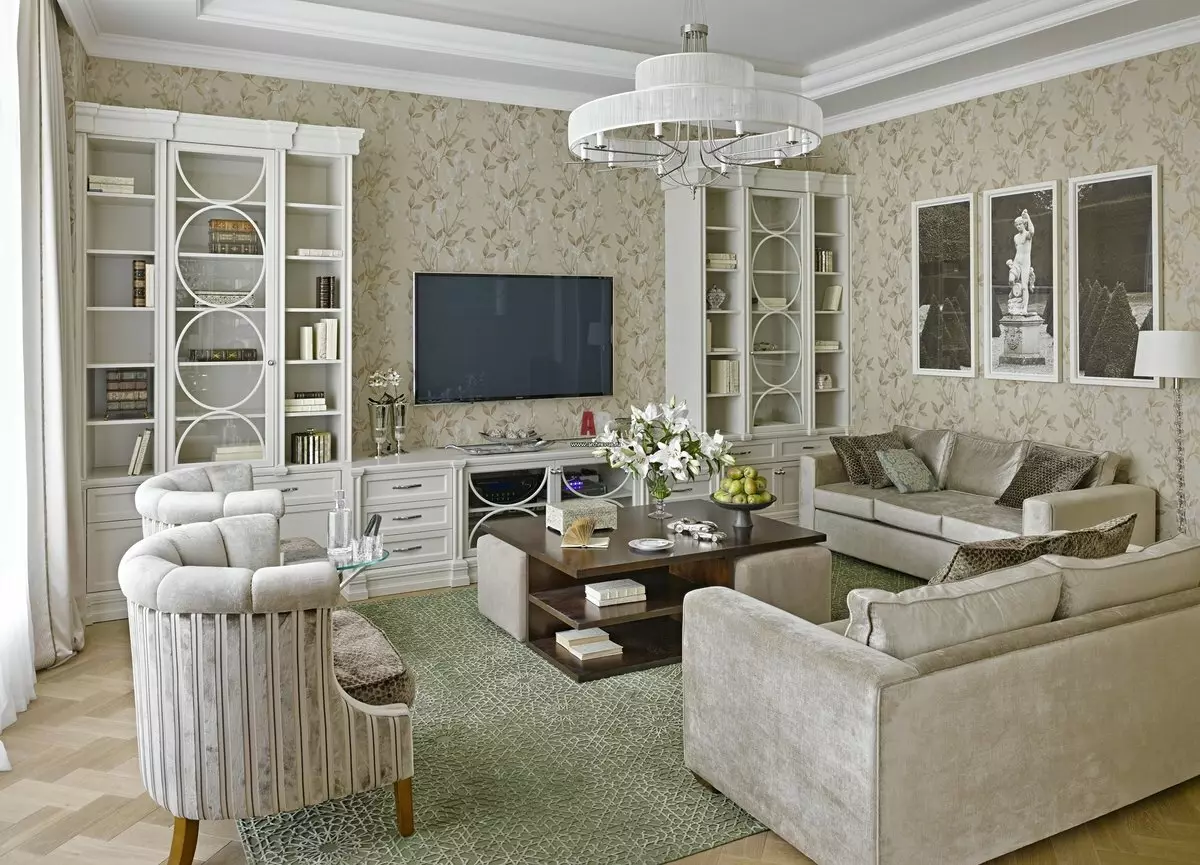 Ruang Living klasik (88 Foto): Desain interior ing gaya kontemporer lan kelas Amerika, kamar urip sing apik ing warna sing cerah, milih lukisan ing ruangan 9681_32