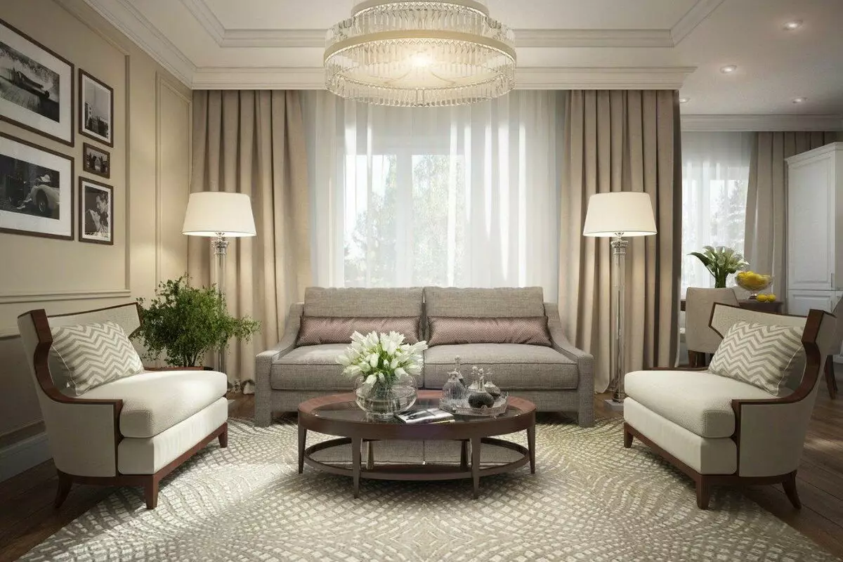Sala de estar clásica (88 fotos): Diseño de interiores en estilos Clásicos contemporáneos y americanos, hermosas salas de estar en colores brillantes, elección de pinturas en la habitación 9681_33